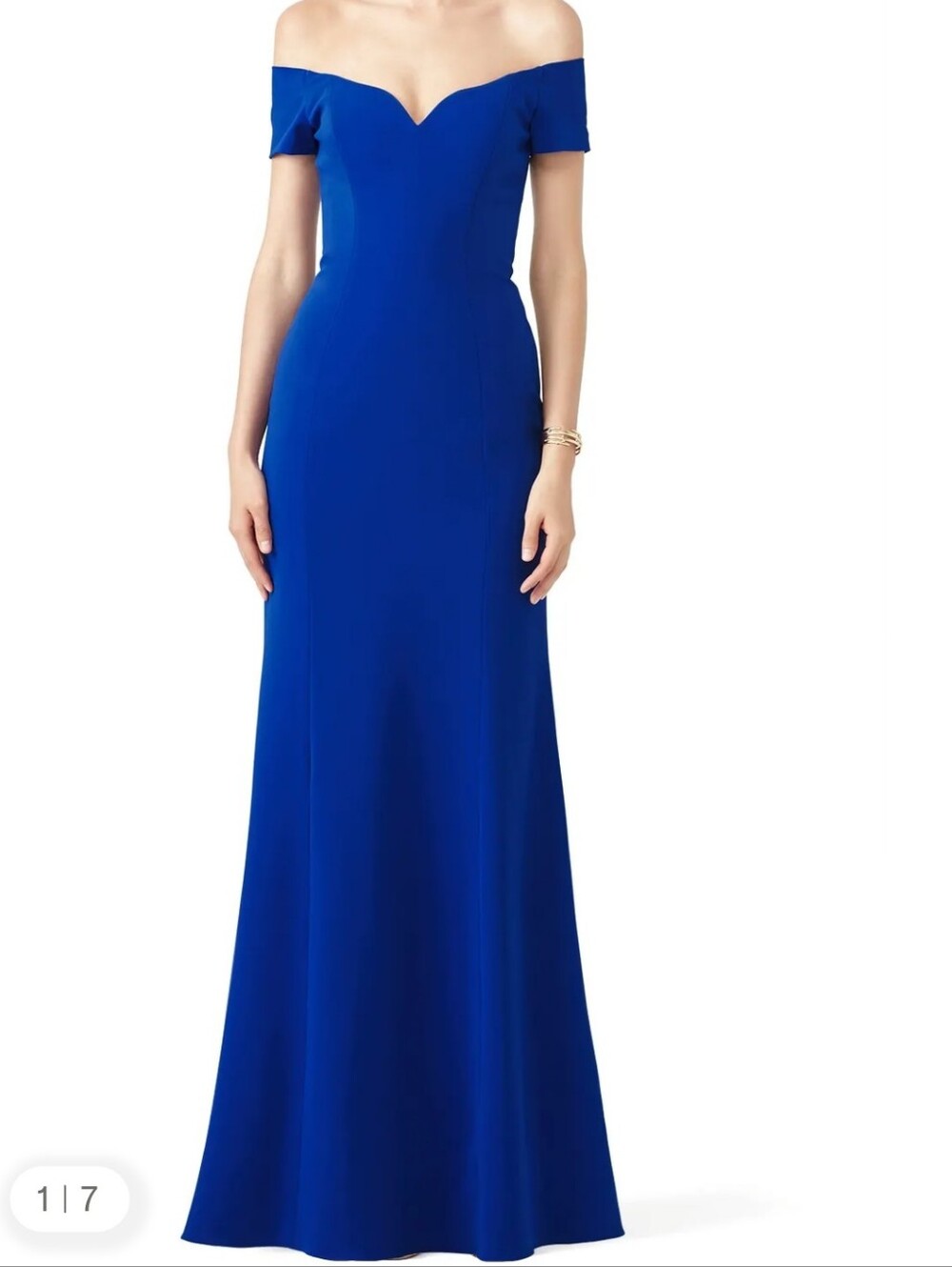 Badgley Mischka Off-Shoulder Maxi Gown in Blue